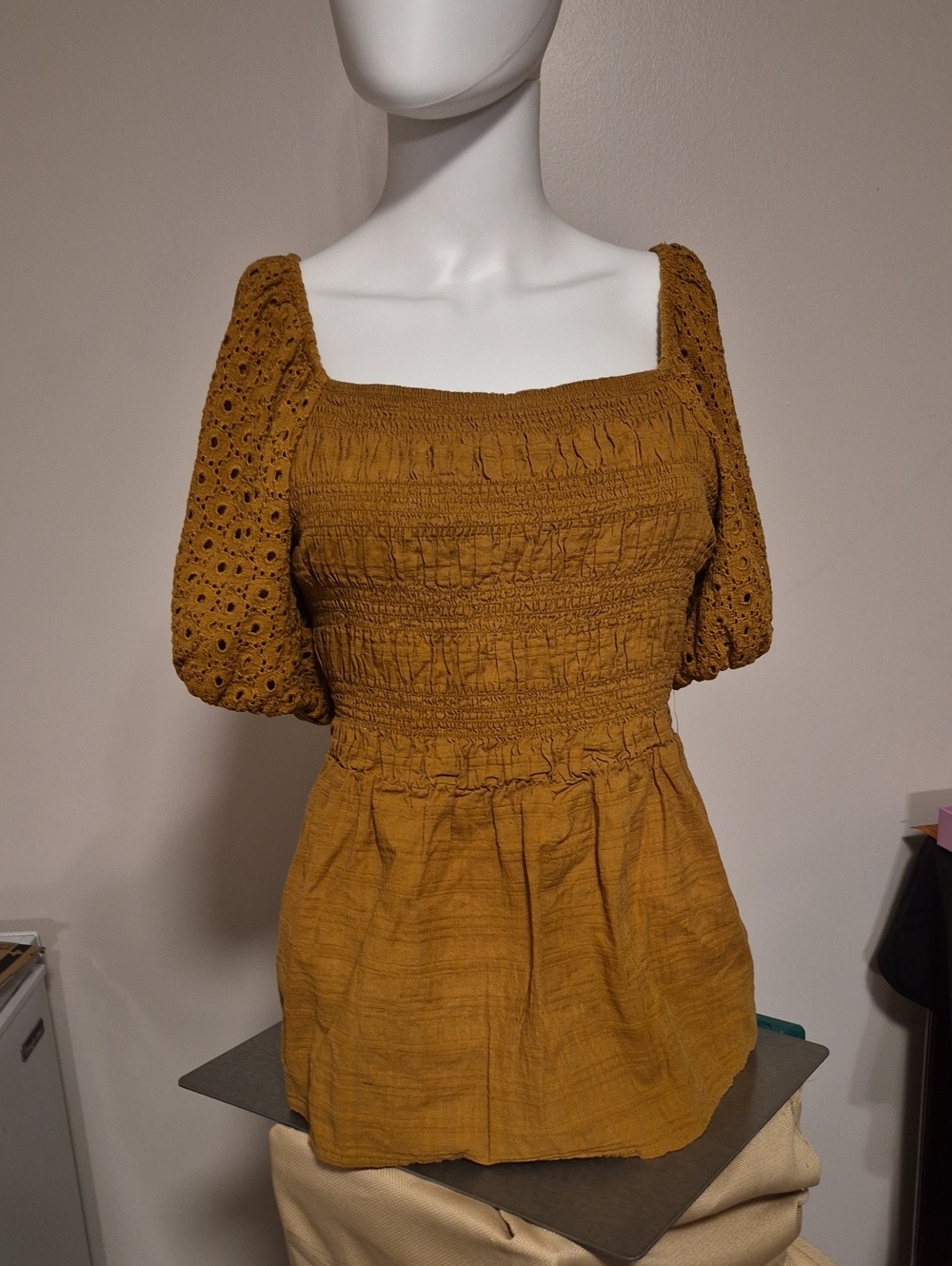 Maurices Mustard Smocked Square-Neck Eyelet Sleeve Top